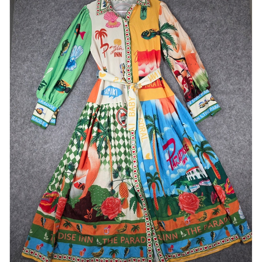 Paradise Inn Shirt Dress Tropical Patchwork Paradiso Resortwear Whimsical Small